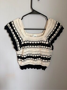 Freshman Cream and Black Crochet Flutter Sleeve Crop Top